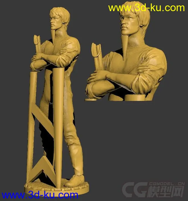 精细的3D打印模型，李小龙带支撑，功夫，双节棍，内含STL源文件，可用于3D打印的图片3
