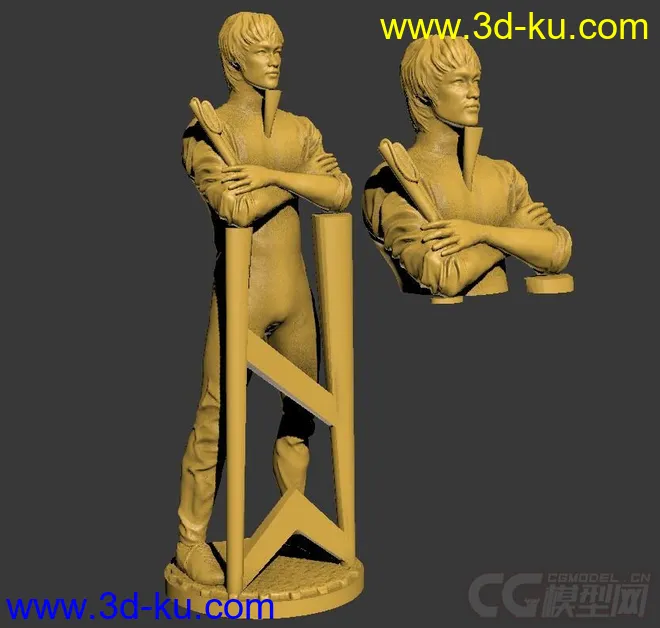 精细的3D打印模型，李小龙带支撑，功夫，双节棍，内含STL源文件，可用于3D打印的图片8