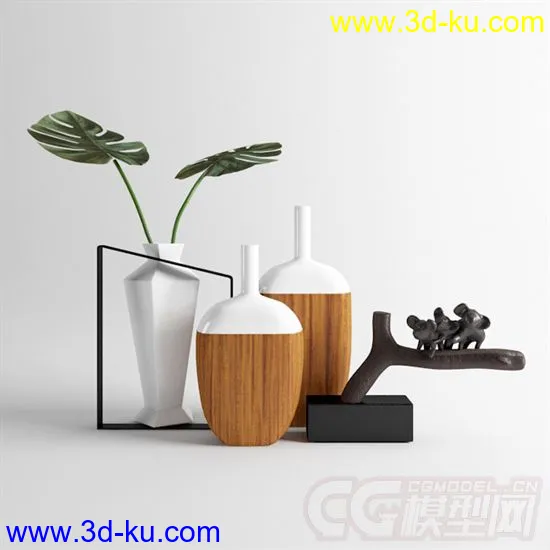 现代创意陶瓷木艺花瓶模型的图片1