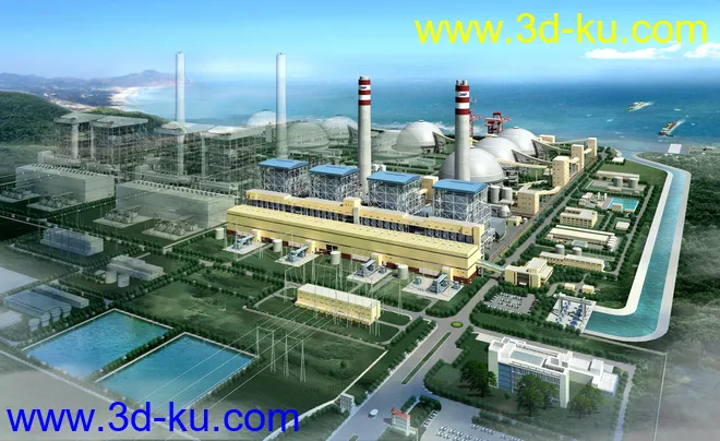海边化工厂，核电站，发电站模型，影视级高精度写实场景的图片1