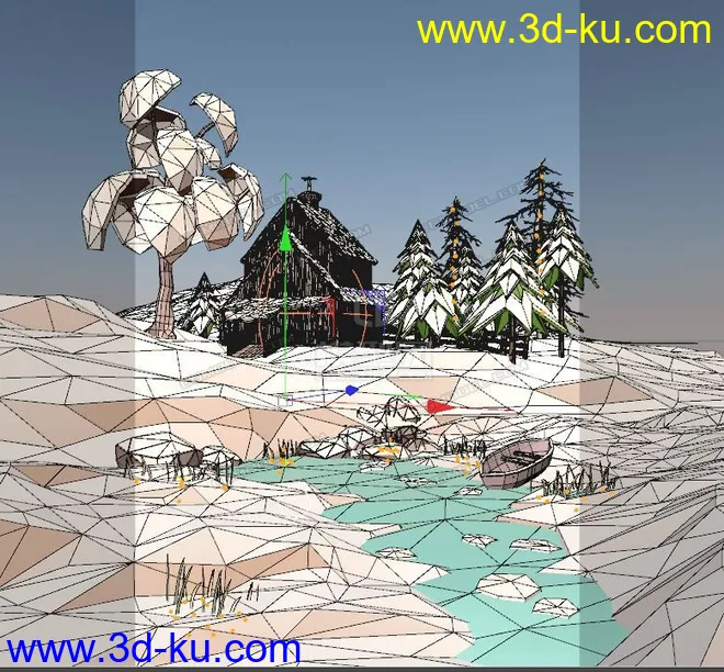 lowpoly 冬季森林木屋 雪景模型的图片1