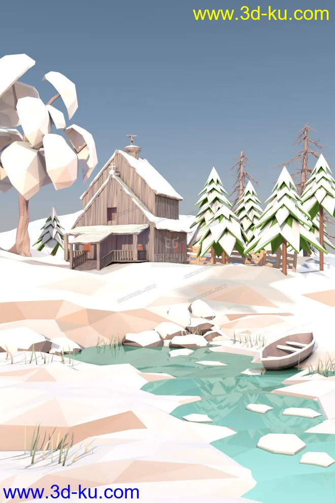 lowpoly 冬季森林木屋 雪景模型的图片2