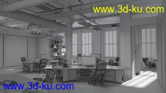 办公室模型,3角办公桌模型,木地板,办公物品,3D模型的图片